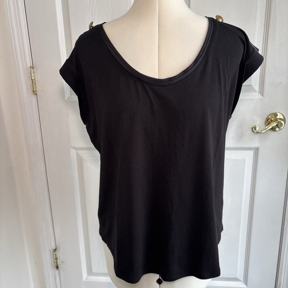 White House Black Market Shirt Sz LG sleeveless blouse Black gold Military chic
